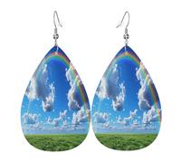 Blue Sky Rainbow Women's Teardrop Leather Earrings - Lightweight PVC Dangle Earrings, 925 Silver Hooks, Double-Sided Prints | Hypoallergenic Gift
