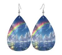 Blue Sky Rainbow Women's Teardrop Leather Earrings - Lightweight PVC Dangle Earrings, 925 Silver Hooks, Double-Sided Prints | Hypoallergenic Gift