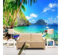 Blue Sky Sea Mountains Coconut Tree Modern 3D Wallpaper Premium Textured Silk Neutral Tones Material Ideal for Living Room Bedroom-430cm×300cm