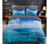 Blue Sky Super King Size Duvet Cover Set 260x220 cm White boat on the ocean 3 Pcs Microfibre Bedding Set with Quilt Cover and 2 Pillowcases, Fade and Wrinkle Resistant Bedroom Decor