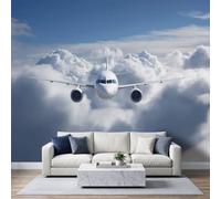 Blue Sky White Clouds Aviation Airplane Wallpaper - Modern Art 3D Effect Wall Mural 300 x 210 cm, Non-Woven Photo Wallpaper Mural for Bedroom, Living Room, Hallway, Home Decor