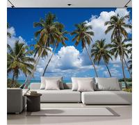 Blue Sky White Clouds Beach Photo Wallpaper Panoramic, Refreshing Summer Scenery Wall Mural Poster 3D Effect - Silk Wallpaper for Living Room Bedroom Office TV Background Decoration, 200x140cm