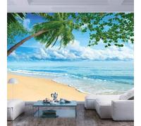 Blue Sky White Clouds Beach Sea Coconut Tree Modern 3D Wallpaper Premium Textured Silk Neutral Tones Material Ideal for Living Room Bedroom-400cm×280cm