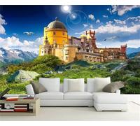 Blue Sky White Clouds Birds Castles Mountains Modern 3D Wallpaper Premium Textured Silk Neutral Tones Material Ideal for Living Room Bedroom-400cm×280cm