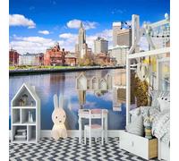 Blue Sky White Clouds Cities Buildings Rivers 3D Wallpaper Luxury Home Dining Decor Paste Sofa Living Room The Wall for Bedroom Mural-200cm×140cm
