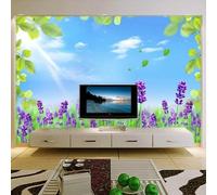 Blue Sky White Clouds Green Leaves Purple Lavender 3D Wallpaper Easy Install Feature Office Living Room Sofa Bedroom TV Background Wall Decoration-300cm×210cm