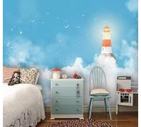 Blue Sky White Clouds Lighthouse Birds in Flight Scenery 3D Wallpaper Easy Install Feature Office Living Room Sofa Bedroom TV Background Wall Decoration-200cm×140cm