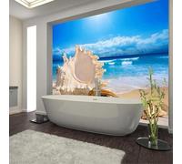 Blue Sky White Clouds Ocean Beach Seashells Modern 3D Wallpaper Premium Textured Silk Neutral Tones Material Ideal for Living Room Bedroom-150cm×105cm