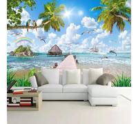 Blue Sky White Clouds Rainbow Coconut Trees Flying Birds 3D Wallpaper Luxury Home Dining Decor Paste Sofa Living Room The Wall for Bedroom Mural-300cm×210cm
