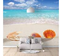 Blue Sky White Clouds Sea Beach Shells Modern 3D Wallpaper Premium Textured Silk Neutral Tones Material Ideal for Living Room Bedroom-200cm×140cm