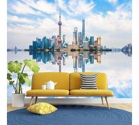 Blue Sky White Clouds Sea City Architecture Modern 3D Wallpaper Premium Textured Silk Neutral Tones Material Ideal for Living Room Bedroom-150cm×105cm