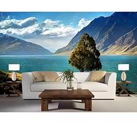 Blue Sky White Clouds Sea Mountains Trees Modern 3D Wallpaper Premium Textured Silk Neutral Tones Material Ideal for Living Room Bedroom-250cm×170cm