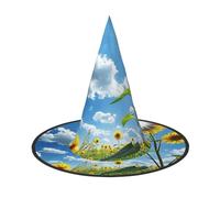 Blue sky, white clouds, sunflowers Halloween Witches Hats Witch Headbands Wizard Hat Costume Accessories Cosplay for Party Masquerade Foldable 3 PCS