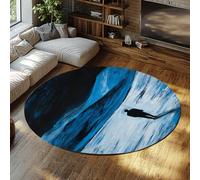 Blue Snowfield Round Rug Solitary Figure Walking in Snow Prints Thin Circular Carpets for Living Room Bedroom Classroom Non Slip 140cm