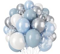 Blue Snowflake Balloons, 12 Inch Winter Wonderland Balloons Double Stuffed Dusty Light Baby Blue Pearl White Silver Clear Latex Balloon for Christmas Winter Snow Baby Shower Birthday Party Decorations