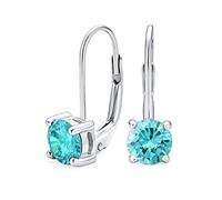 Blue Solitaire Round Brilliant Cut Cubic Zirconia CZ Lever back Drop Earrings Simulated Aquamarine Sterling Silver