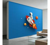 Blue Space Astronaut Rocket Non-Woven Wall Mural 200W x 140H cm - Cartoon Anime HD Print 3D Photo Wallpaper Blue Wall Art Picture Poster Home Decor for Bedroom Living Room Office TV Background