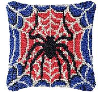 Blue Spider Web Beginner Latch Hook Kits Pillow Making Sofa Cushion Cover Latch Hook Carpet Rug Acrylic Yarn Preprinted Cancas Pillowcase Craft Kits Needlework for Home Decor 43x 43cm