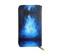 Blue Spirit Flame Long leather wallet, portable credit card holder, zippered coin purse, and ID compartment