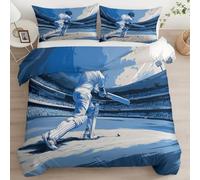 Blue Sports Reversible Duvet Cover Set, Single Soft Lightweight 3Pcs Cricket Player Bedding Set with 2 Pillowcase, Sports Theme Stadium Cricket Player Quilt Cover for Kids Boys Girls, 135 x 200 cm