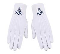 Blue Square & Compass Masonic Embroidered Cotton Gloves - [White & Blue]
