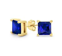 Blue Square Cubic Zirconia Brilliant Princess AAA CZ Stud Earrings Gold Plated Sterling Silver Simulated Sapphire