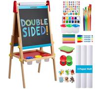 Blue Squid Art Easel for Kids with Paper Roll x 3, Includes 100+ Accessories, Double Sided Adjustable Wooden Painting Easel with Magnetic Chalk Board, White Board for Toddlers Ages 3,4,5,6,7,8,9,10,12