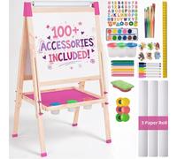 Blue Squid Art Easel for Kids with Paper Roll x 3, Includes 100+ Accessories, Double Sided Adjustable Wooden Painting Easel with Magnetic Chalk Board, White Board for Toddlers Ages 3,4,5,6,7,8,9,10,12