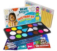 Blue Squid Face Paint Kit & Body Crayon Sticks Bundle - 18-color Face Painting Kit for Kids & 18 XL Crayons & Markers for Skin with 24x Stencils, Brushes, and Design Book, Ideal for Toddlers & Parties
