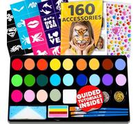 Blue Squid Face Painting Kit for Kids - 28 Color Face Paint Kit Palette with 160pc accessories Stencils, Water Activated Non Toxic Washable Professional Facepaint body set Halloween Party Makeup