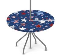 Blue Star Fitted Round Outdoor Tablecloth with Umbrella Hole, Patio Table Cover with Zipper Spring Decoration Waterproof Umbrella Table Cover for Party Picnic, Fit for 45"-56" Round Tables