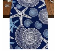 Blue Starfish Conch Table Runner, Boho Summer Blue White Sea Star Conch Blue Cotton and Table Linen Runner for Kitchen Dining Home Decor for Party Festival Holiday Decoration Gift 13x70in