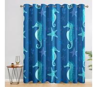 Blue Starfish Seahorse Curtains Blackout, 66x90 Inch 2 Panels - Cartoon Ocean Marine Life Pattern Black Out Curtains, Home Decor, 90 Drop Eyelet Window Drapes for Bedroom, Living Room PO&107