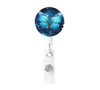Blue Starry Butterfly Badge Reel Retractable Badge Holder with Keychain Id Clips for Badges Lightweight Plastic Name Card Holders for Nurses Office Teacher
