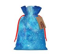 Blue Starry Butterfly Galaxy Printed Christmas Drawstring Bags with Red Ribbon - Reusable Burlap Drawstring Gift Pouches, S