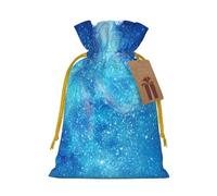 Blue Starry Butterfly Galaxy Printed Christmas Drawstring Bags with Yellow Christmas Ribbon - Reusable Burlap Drawstring Gift Pouches, M