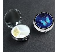 Blue Starry Butterfly Pill Box 3 Compartment Waterproof Pill Container with Mirror Metal Medicine Box Organizer Portable Vitamin Case for Pocket & Purse Travel - Round