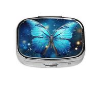 Blue Starry Butterfly Pill Case 2 Compartment Pill Box Portable Metal Pill Organizer Cute Travel Pill Container Vitamin Organizer for Purse Pocket Travel Gift