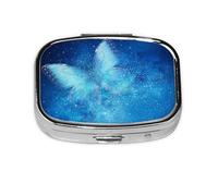 Blue Starry Butterfly Print Pill Box 2 Compartment Medicine Pill Case,Portable for Pocket Or Purse Pill Box Decorative Metal Medicine Organizer