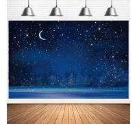 Blue Starry Sky Fir Trees Forest Backdrop for Photography Winter Night Snowfall Snowflake Moon Twinkle Little Star Background for Christmas Baby Shower Cake Table Decoration (5X3FT)