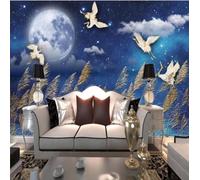 Blue Starry Sky Moon Flying Birds Plants 3D Wallpaper Luxury Home Dining Decor Paste Sofa Living Room The Wall for Bedroom Mural-300cm×210cm