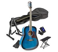 Blue Starter Acoustic Guitar Kit - Beginner Acoustic Guitars Set with Digital Tuner, Guitar Footrest, Adjustable Stand, Gig Bag & 6-Month Online Lessons, Ideal Guitar Starter Kit for Adults & Kids