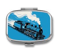 Blue Steam Train Pill Box 2 Compartment Square Metal Pill Organizer Portable Mini Travel Medicine Case with Mirror Cute Medicine Container Holder for Pocket Purse