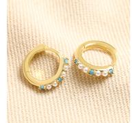 Blue Stone and Pearl Huggie Hoop Earrings in Gold lisa angel Gold One Size