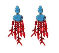 Blue Stone Bead Red Coral Tassel Gold Earrings Ethnic Style Retro Vacation Ocean Style Ear Jewelry