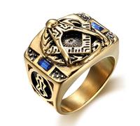 Blue Stone Masonic Ring for Men Gold Punk Masonic Symbol Ring Blue CZ Mason Jewellery for Men, Stainless Steel, No Gemstone