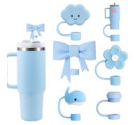 Blue Straw Cover Cap for Stanley Cups 6 Pack Silicone Flower Straw Toppers Compatible with Straws with Handle 10mm Cute Dustproof Reusable Straw Accessories