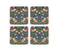 Blue Strawberry Thief Cork Coaster Set - William Morris Artwork Gifts - Set of Four (4) Square Drinks Coasters