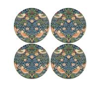 Blue Strawberry Thief Glass Coaster Set - William Morris Artwork Gifts - Set of Four (4) Round Drinks Coasters
