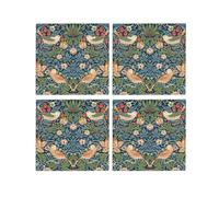 Blue Strawberry Thief Glass Coaster Set - William Morris Artwork Gifts - Set of Four (4) Square Drinks Coasters